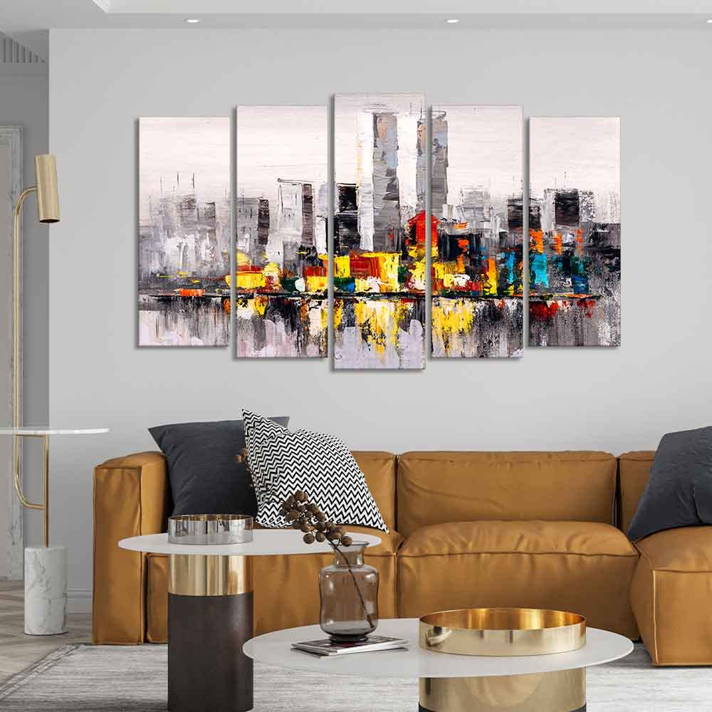 VIBECRAFTS Abstract Wall Painting of A New York City Skyline Set of Five For Home|Office|Living Room|Gift (PTVC5Pcs2_6535)