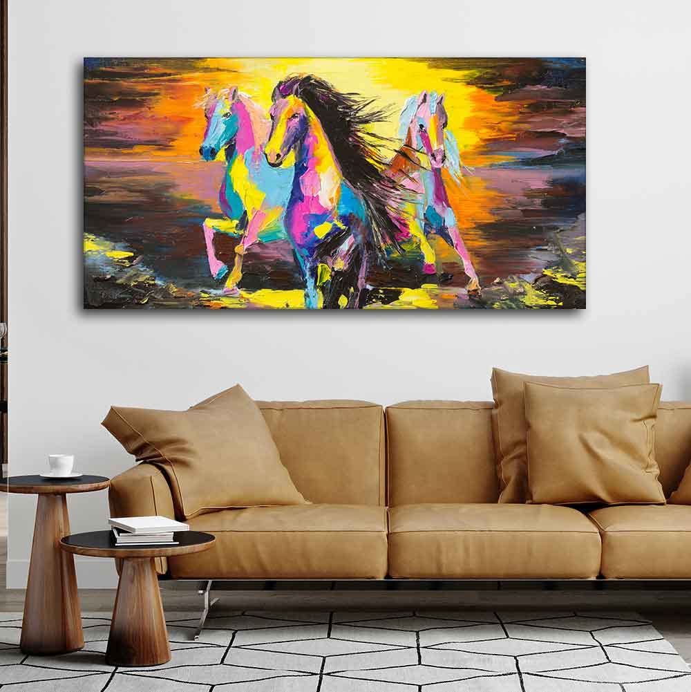VIBECRAFTS Premium Running Horses Canvas Wall Painting Abstract Art With Frame for Living Room Drawing Room Home|Office|Gift (PTVCH_2202N)
