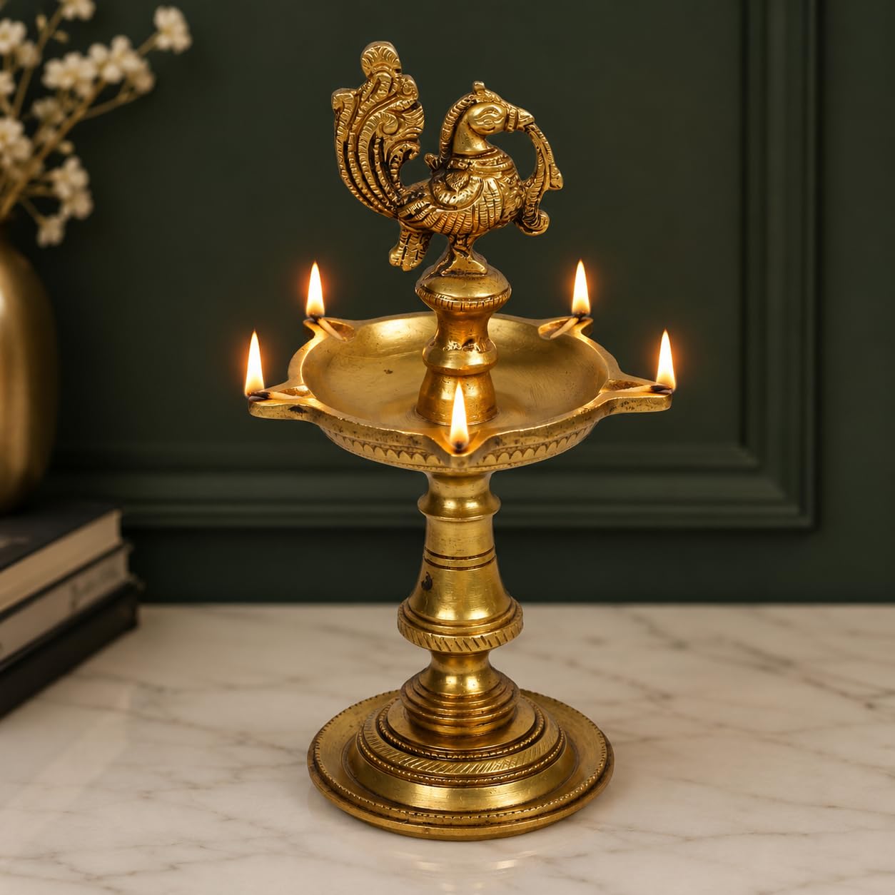 Artvarko Brass Bird Traditional Peacock 5 Wick Diya Oil Lamp Table Decor Diyas for Pooja Religious Diwali Gifts with Stand for Home Puja Temple Showpiece 8 Inch