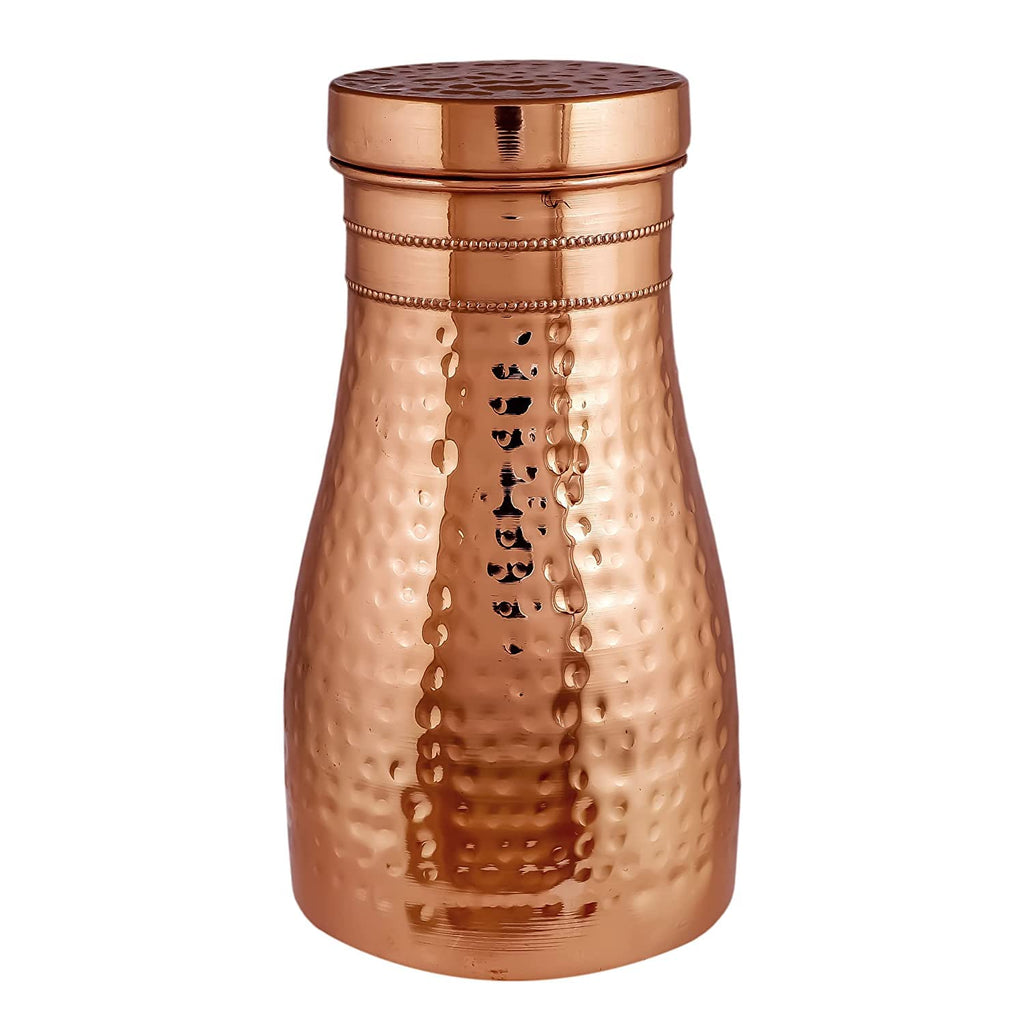 KC Pure Copper Designer Copper Water Bottle | Pitchers | Water Jug | Bedroom Jar | Bedside Bottle Carafes with Tumbler/Glass with Lid 1250 ML (Hammered)