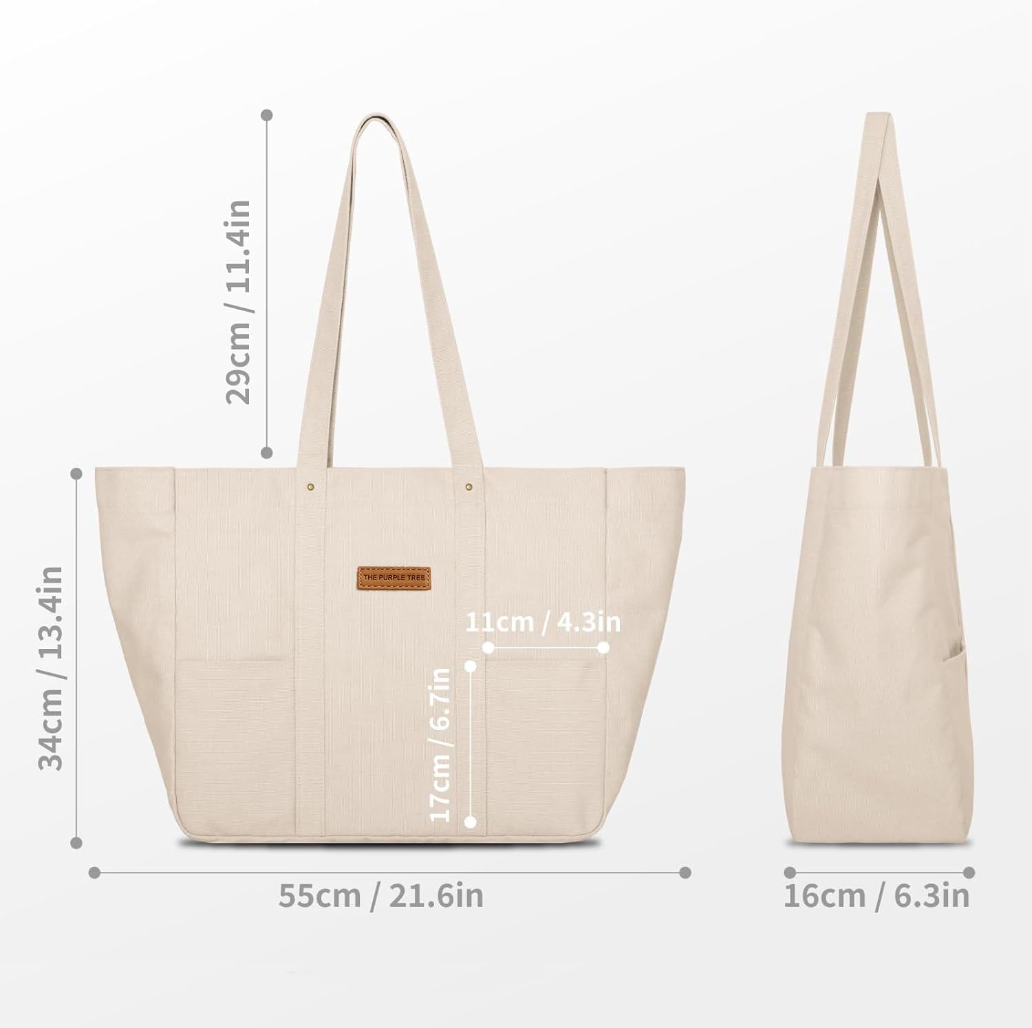The Purple Tree Canvas Tote Bag for Women, Extra Large Tote Bag with Pockets, Zipper Closure, Durable Cotton Travel Tote for Work, Gym, Picnic, Grocery, Shopping & Everyday Use
