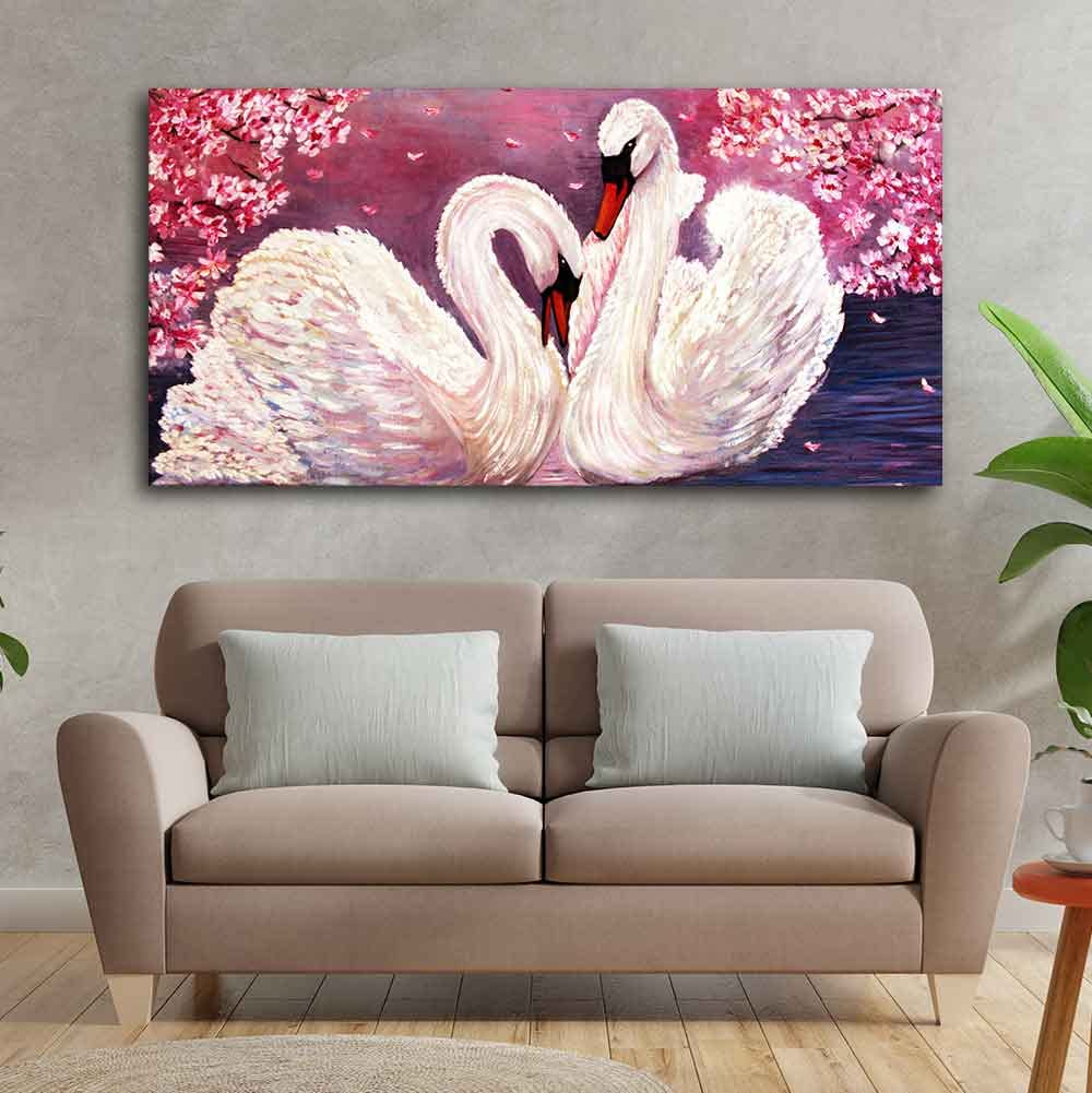 VIBECRAFTS Canvas Paintings for Living Room Drawing Room Romantic Couple of Swans Canvas Wall Painting Fitted with Wooden Frame for Home|Office|Gift(PTVCH_2269N)(48 x 24 Inches)