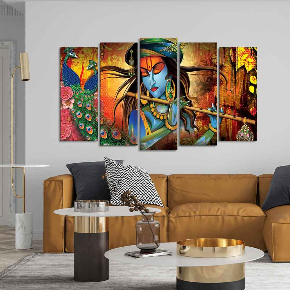 VIBECRAFTS Classic Krishna Premium Wall Painting Set of Five Pieces For Home|Office|Living Room|Gift (PTVC5Pcs2_6590)