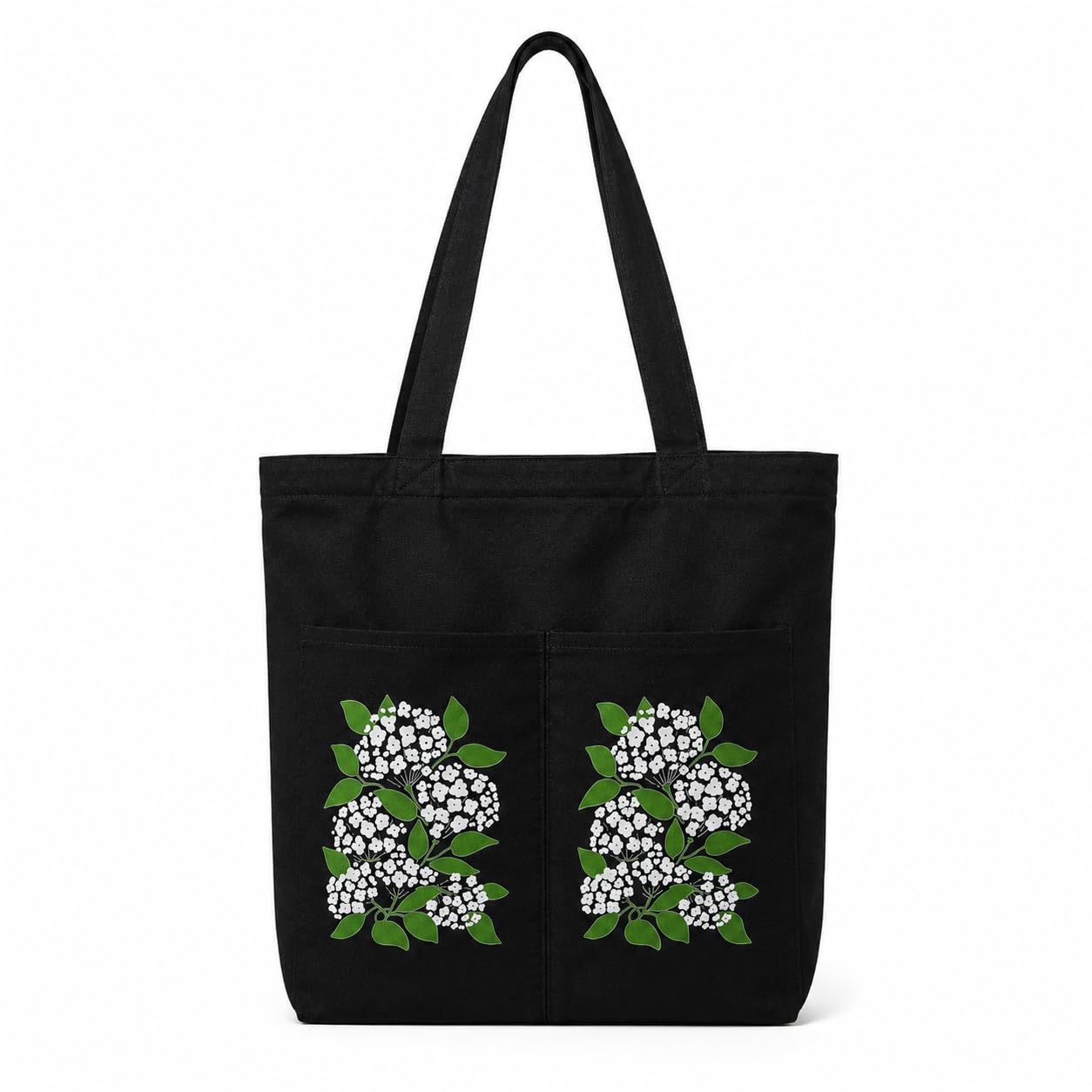Suryatra Elderblossom Canvas Tote Bag for Women & Men | Premium Cotton Canvas Shoulder Bag with Dual Front Pockets | Tote Bag for Office, College, Shopping & Travel | Black | 14 x 16 Inches