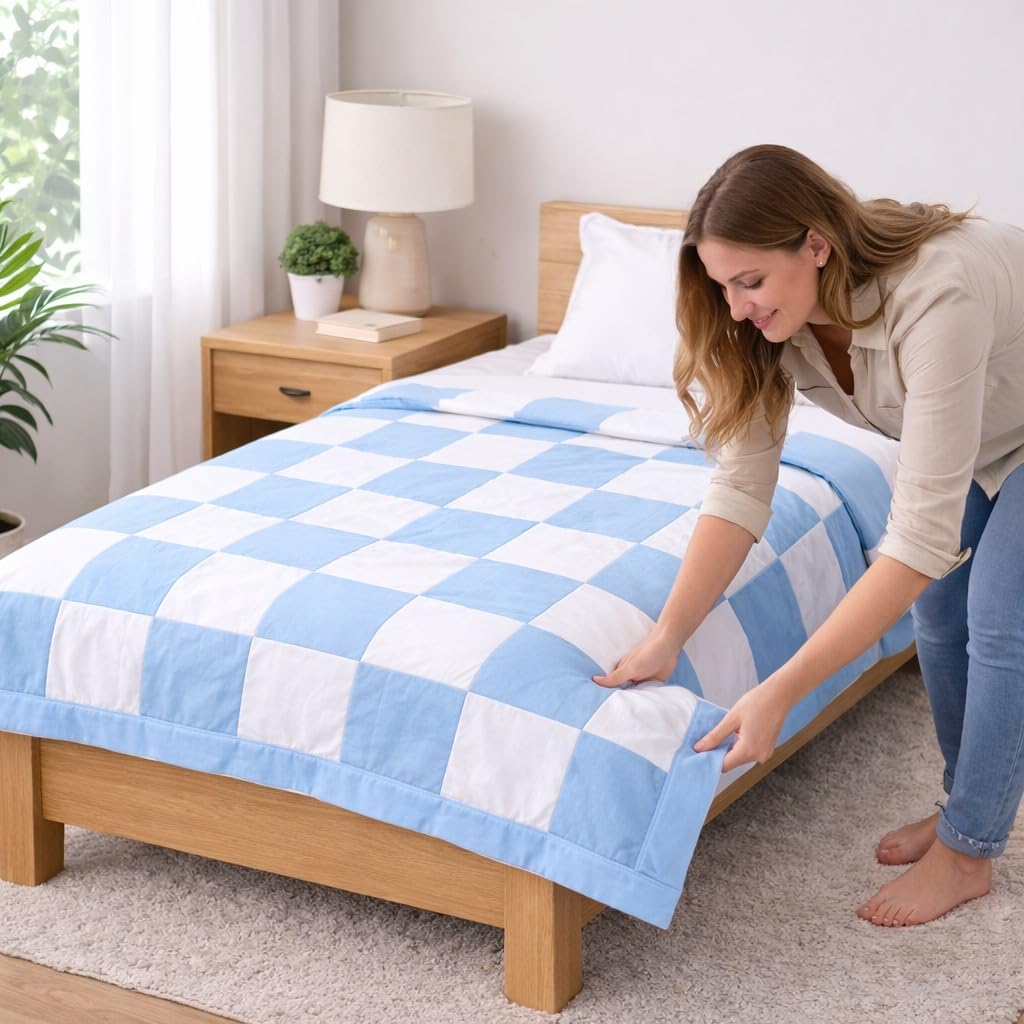 Bhoomi Impex Single Bed Dohar Blue & White Checkered | Lightweight Summer Quilt | Pure Cotton AC Blanket | Breathable All Season Comforter | Skin Friendly Bed Cover Kafalo
