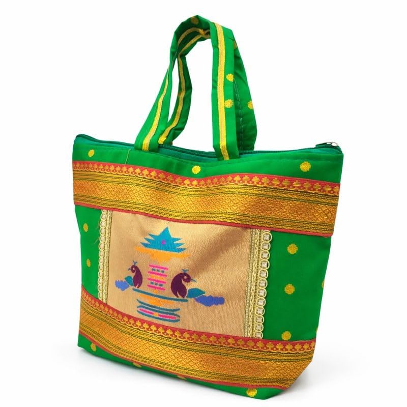 Traditional Indian Paithani Silk Hand Bag, Green and Gold, Embroidered Peacock Design, Zipped Tote
