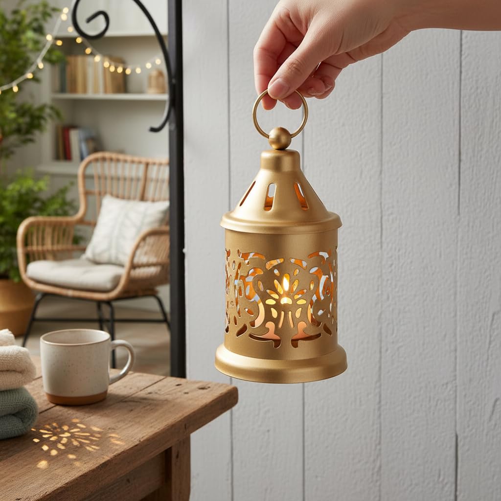 Hanging Metal Tealight Candle Holder Lantern Set with LED Candle | Decorative Gold Hanging Lantern for Home Decor, Living Room, Dining Table, Balcony & Festive Gifting (Set of 1)