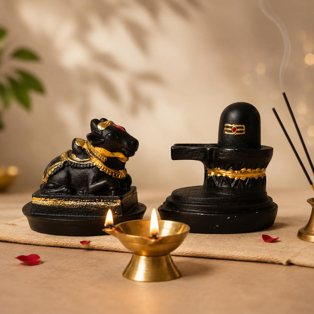 POOMEE Divine 3-Inch Resin Shivling and Nandi Ji Statue Set – Premium Handcrafted Mahadev & Nandi Bull Murti for Home Temple, Mandir, Car Dashboard, and Spiritual Gifting (Matte Black & Gold)