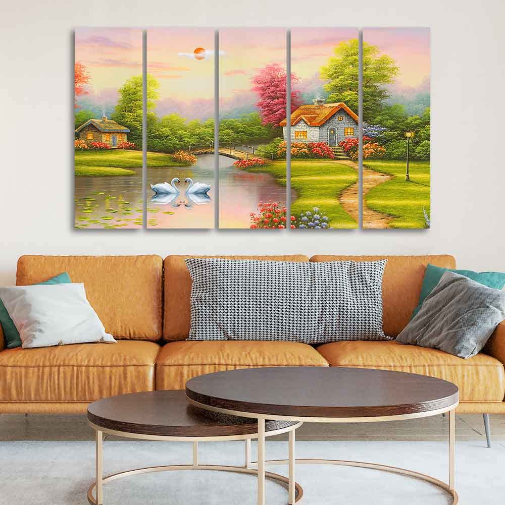 VIBECRAFTS A Beautiful Scenery of Old Houses Canvas Wall Painting of Five Pieces For Home|Office|Living Room|Gift (PTVC5Pcs4_8681)