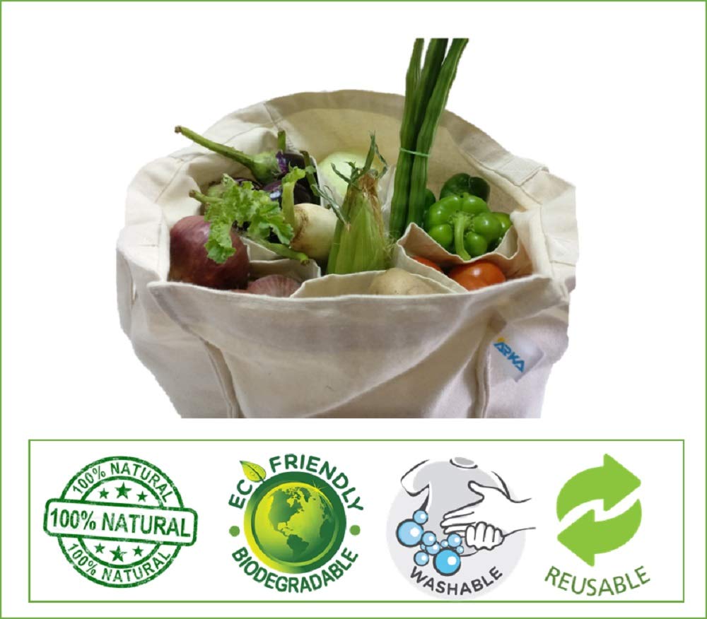 Arka 100% Cotton Canvas Shopping Bag for Vegetables and Groceries with 6 Pockets
