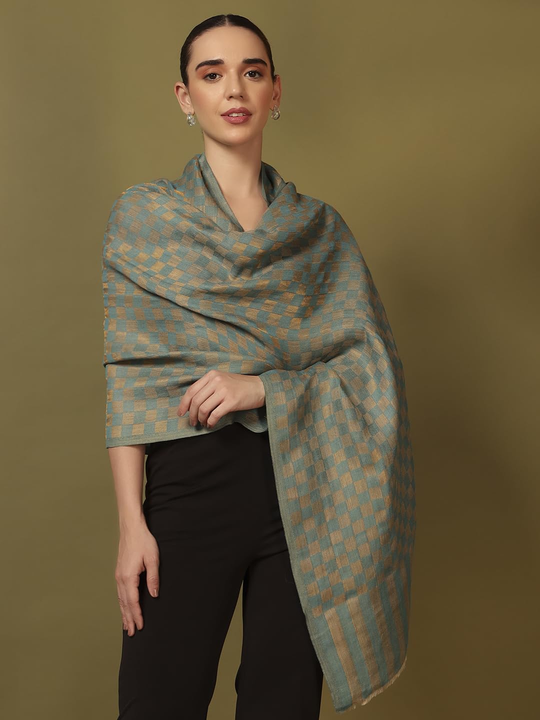 Pashmoda Women Champagne Check Reversible Zari Moonlight Fine Wool Stole (Size : 28x80in, 71X203cm) ZSST02