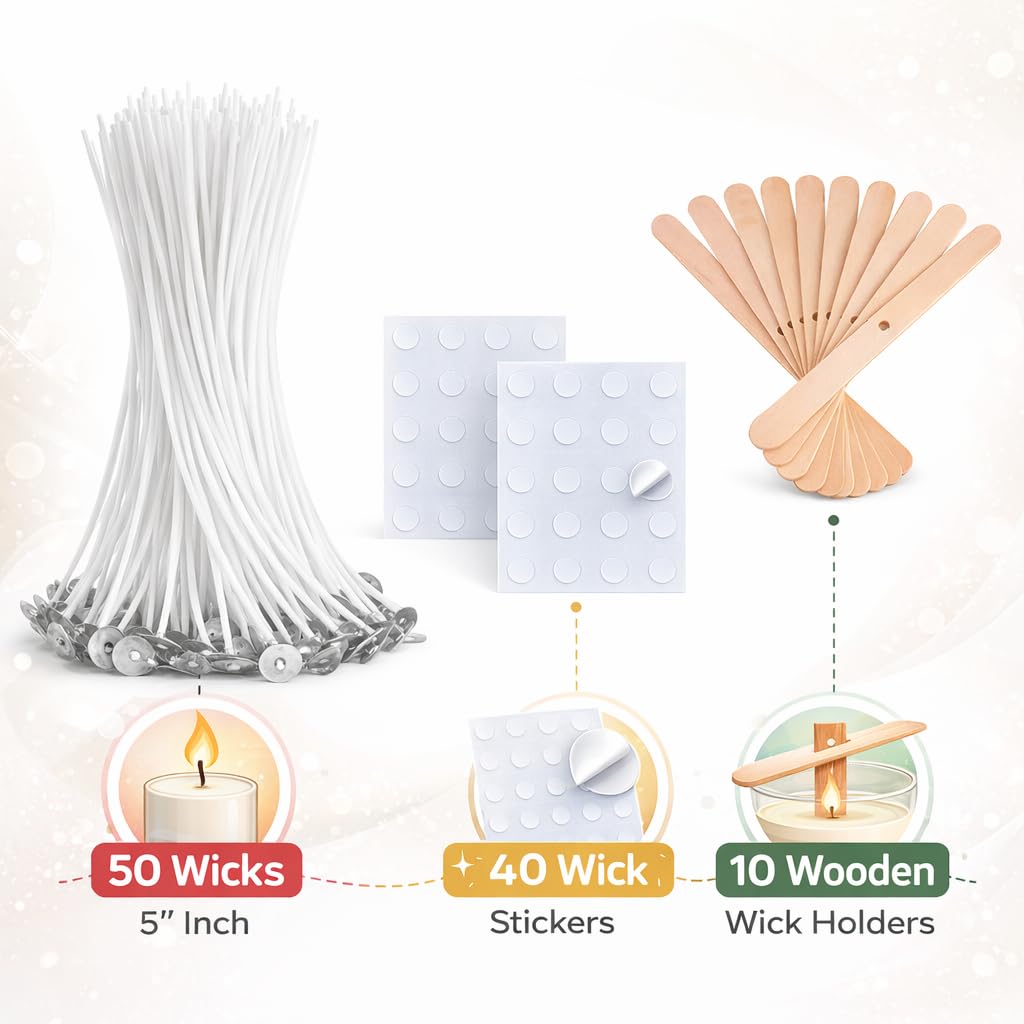 Asian Hobby Crafts Candle Making Set with 50 Wicks 5 Inch, 40 Wick Stickers & 10 Wooden Wick Holders – DIY Candle Making Kit for Beginners, Candle Making Materials, Craft Kit for Homemade Candles