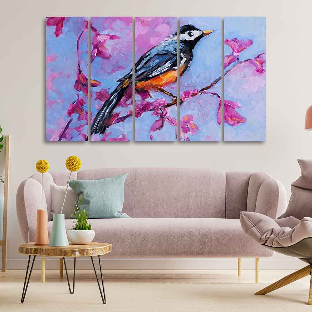 VIBECRAFTS Bird with Nature Abstract Design Five Pieces Wall Painting For Home|Office|Living Room|Gift (PTVC5Pcs4_8587)