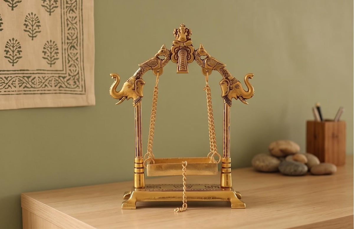 KridayKraft Gold Plated Metal Laddu Gopal Jhula with Elephant & Peacock Carving, Small Swing/Palna for Kanha Ji, Janmashtami & Home Pooja Mandir Decor