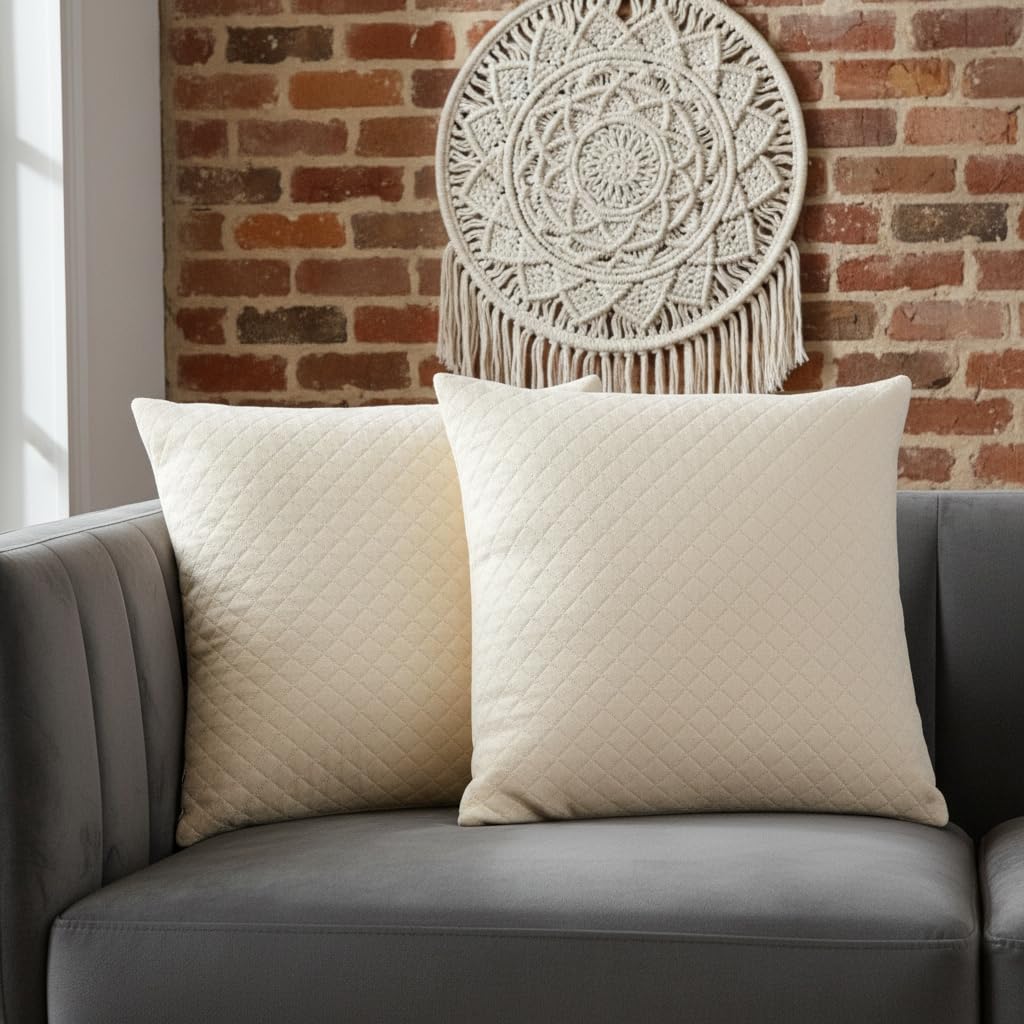 STITCHNEST Quilted Velvet Cushion Covers Set of 2 | Soft Beige | 24x24 Inches | Premium Sofa & Living Room Décor