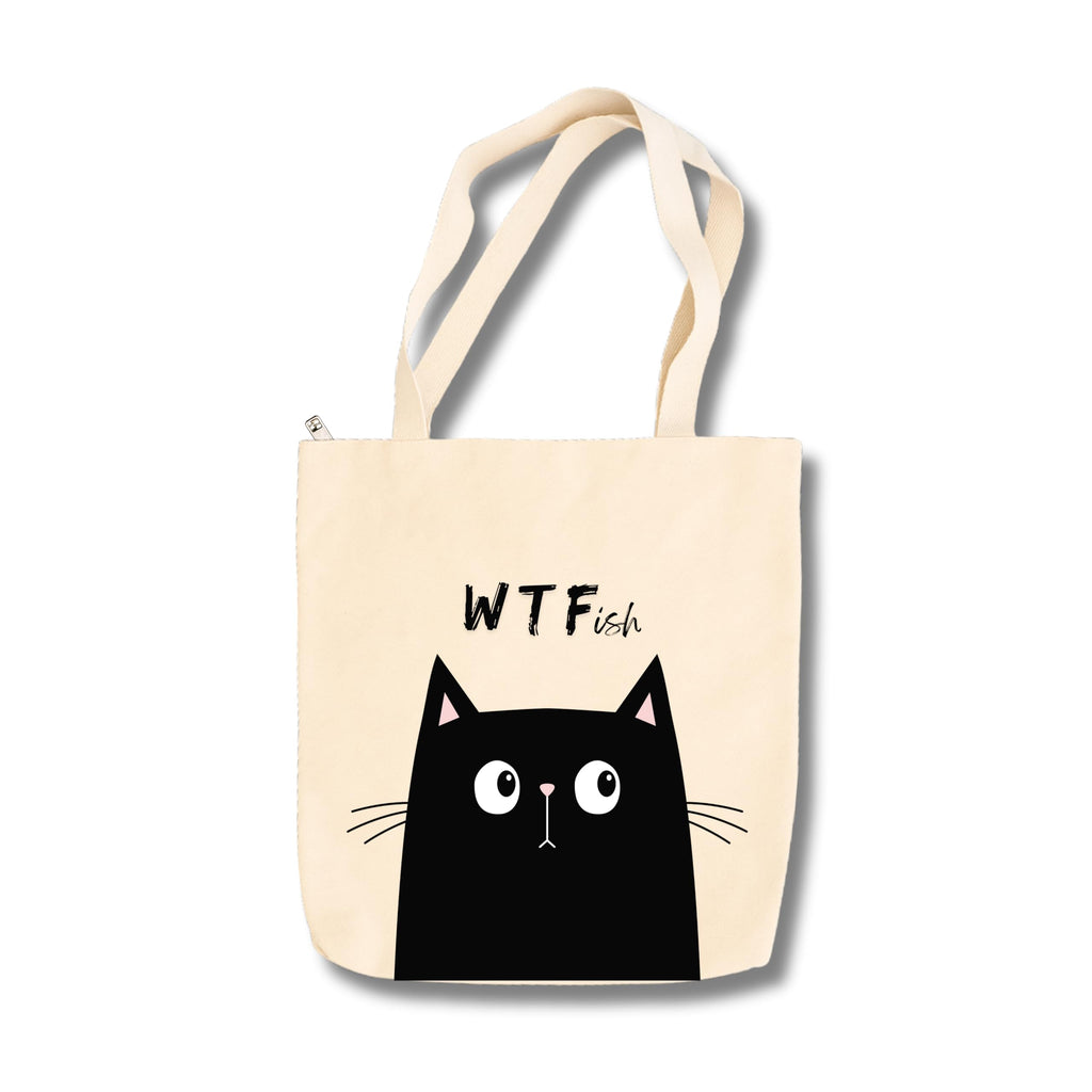 snapiq COTTON 350 GSM Canvas Tote Bag for Women and Girls Thick Fabric with Zipper (Beige, Cat WTF)