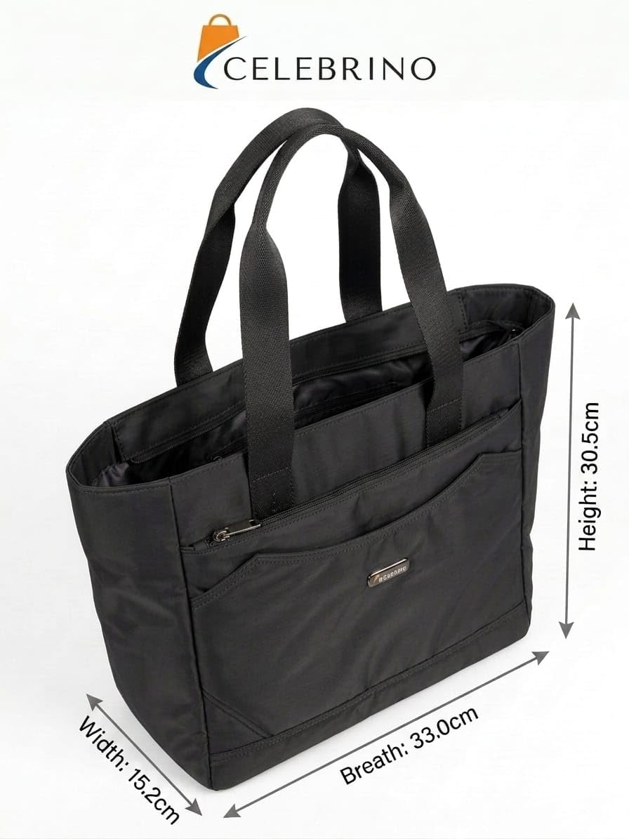 CELEBRINO Spacious Tote Handbag for Women | Nylon Hand Bags with Multiple Zip Compartments | Waterproof Large Shoulder Bag for Office, College, Travel & Shopping | Multi Pocket Zipper Handbags