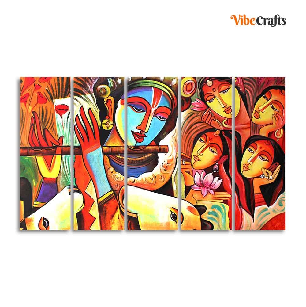 VIBECRAFTS Radha Krishna Beautiful Wall Painting of Five Pieces For Home|Office|Living Room|Gift (PTVC5Pcs4_8706)