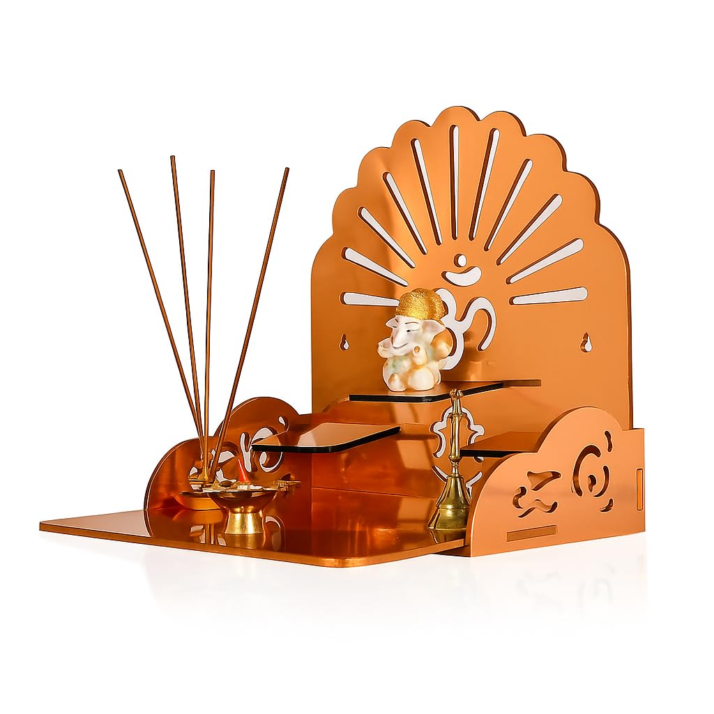 Fliptic Acrylic Wooden Temple with Om Symbol DIY || Wall-Mounted Pooja Mandir, Shining Finish for Home, Office, Shop || Wall Mounted Medium Size Wooden Temple || Colourful || Do It Yourself (Copper)