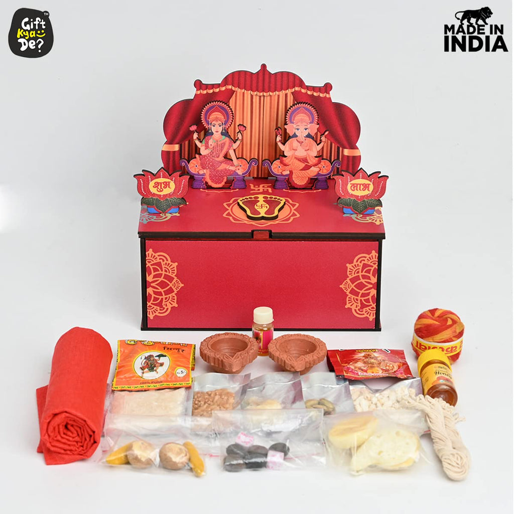 GKD Gift Hamper Special Mini Mandir with Pooja Samagri & 2 Diya's/Wooden Gift Box with Storage DIY Temple Traditional Design with Space, Hanging Mandir (Color Big Size)