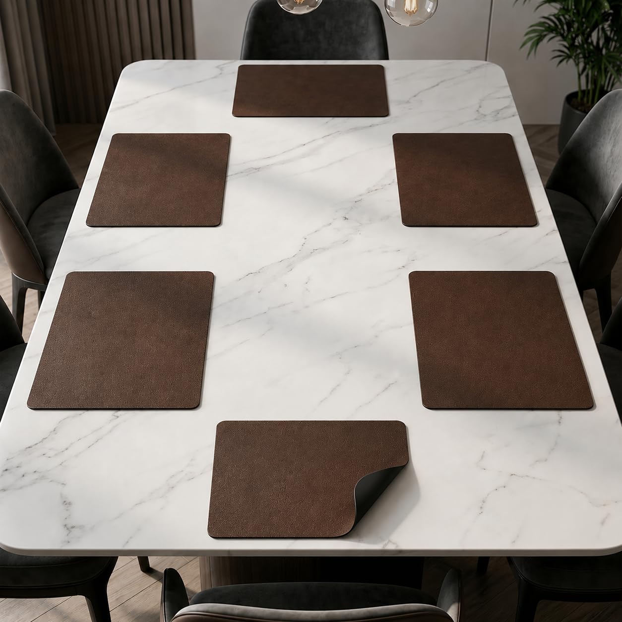 The Table Tales Premium Double-Sided PU Leather Placemat Set of 6 | Reversible Waterproof Heat Resistant Table Mats | Kitchen Dining Accessories | 45 x 30 cm (Charcoal Brown & Black) Kafalo