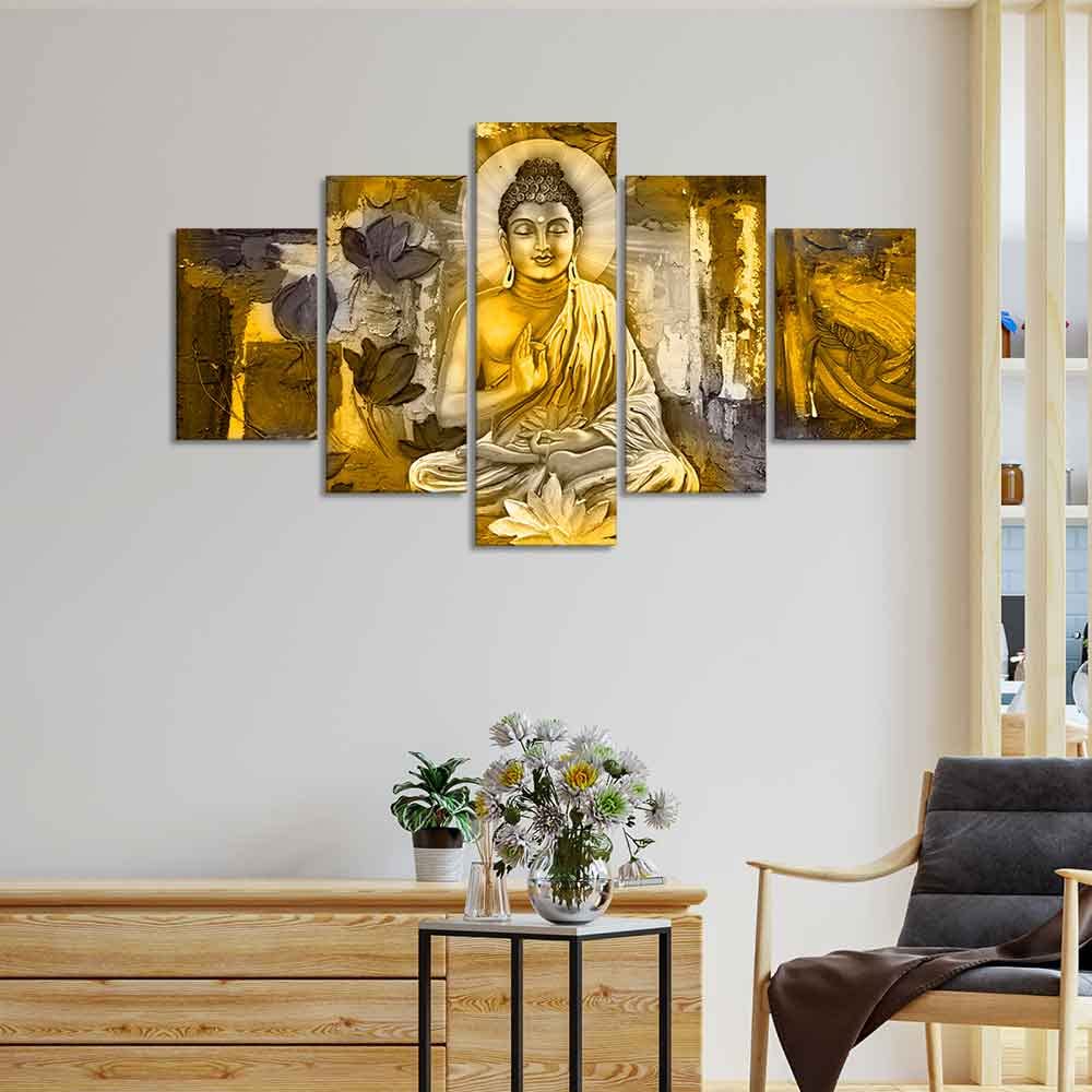 VIBECRAFTS Abstract Art Meditating Buddha Wall Painting Five Pieces For Home|Office|Living Room|Gift (PTVC5Pcs1_5518)