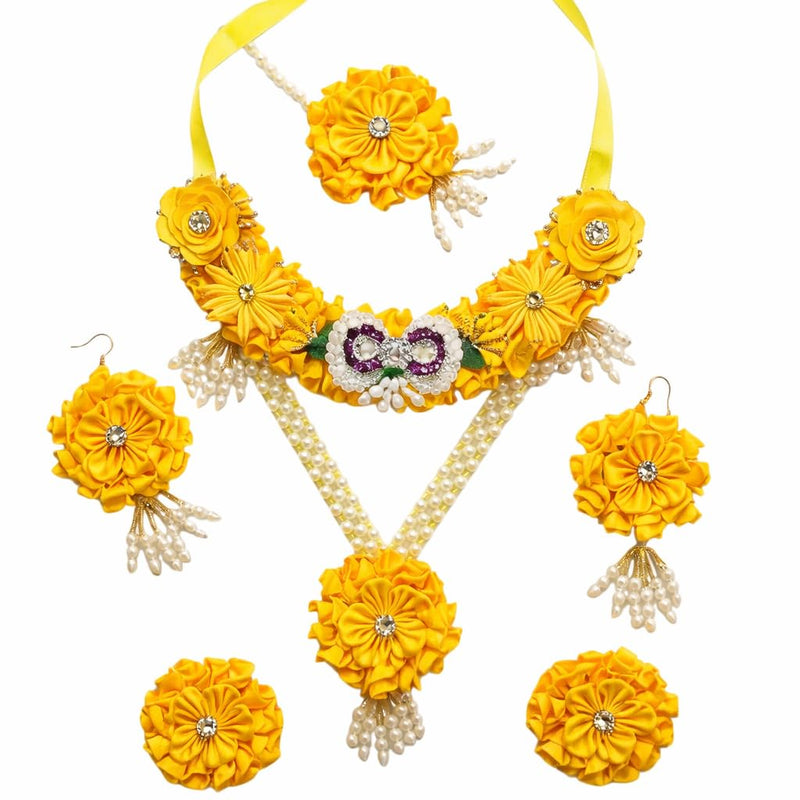 Radhika Yellow Floral Jewellery Set for Haldi & Mehndi | Handmade Fabric Flower Necklace with Earrings & Hair Accessories | Pearl Beaded Bridal Artificial Jewellery Set for Women & Girls