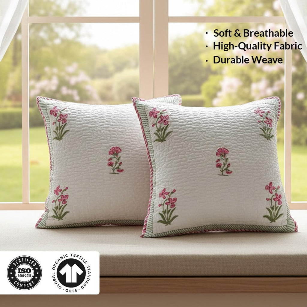 HOMEMONDE Quilted Cotton Cushion Covers – Pack of 5, 24x24 Inches, 300 TC Soft Throw Pillow Cases with Hand Block Print – Pink (60x60 cm)