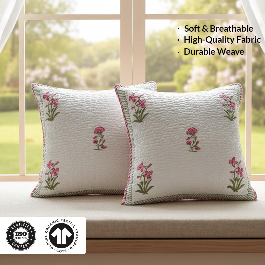 HOMEMONDE Quilted Cotton Cushion Covers – Pack of 5, 24x24 Inches, 300 TC Soft Throw Pillow Cases with Hand Block Print – Pink (60x60 cm)