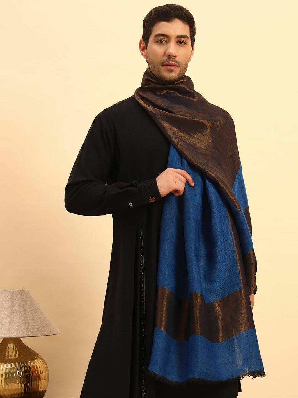 Pashmoda Men Midnight Bronze Reversible Zari Moonlight Fine Wool Stole (Size-28x80in, 71x203cm) MZSST04