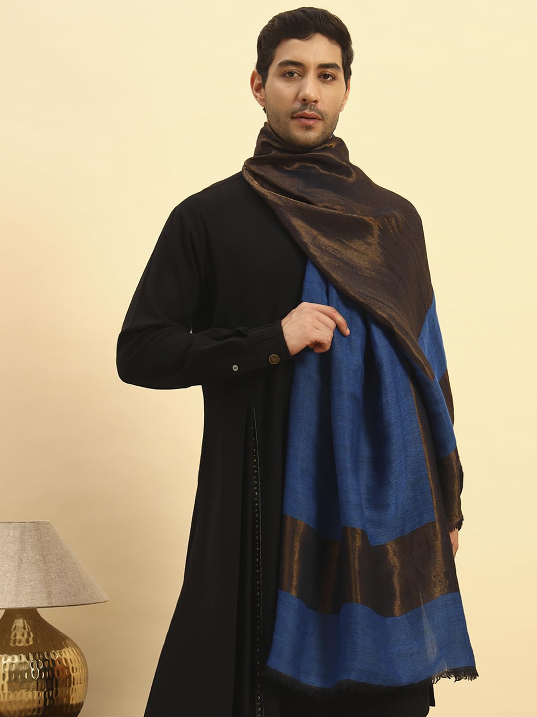 Pashmoda Men Midnight Bronze Reversible Zari Moonlight Fine Wool Stole (Size-28x80in, 71x203cm) MZSST04