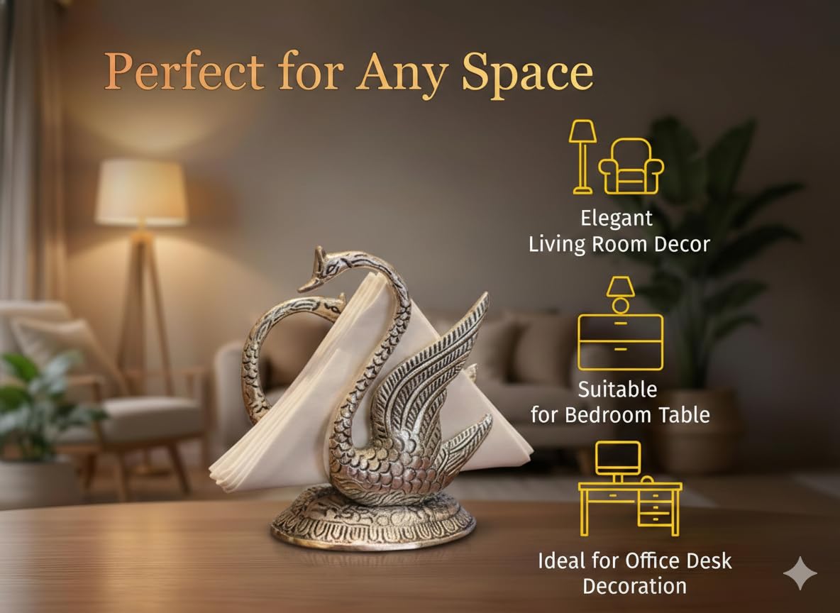 Kridaykraft Elegant Silver Swan Napkin Holder - Decorative Metal Tissue Paper Stand for Dining Table, Kitchen, Bedroom & Bathroom - Luxury Restaurant Style Vertical Serviette Organizer (10x8 cm)