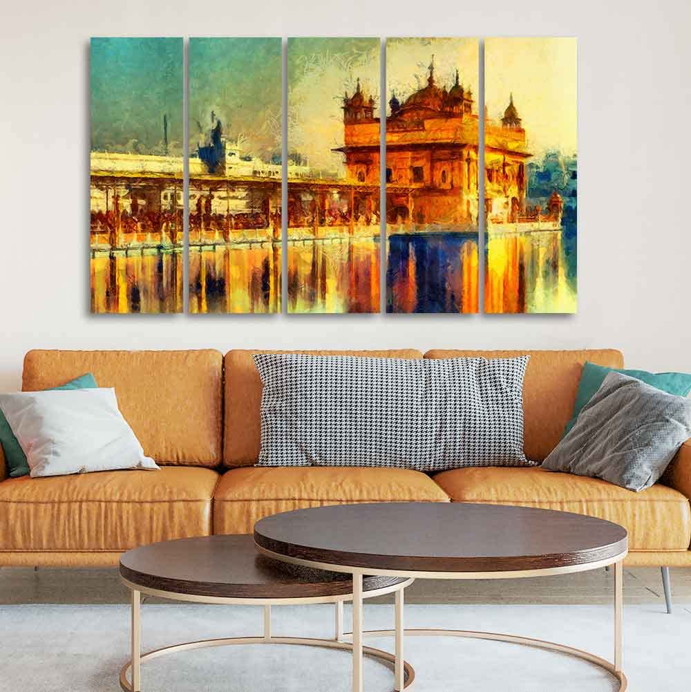 VIBECRAFTS Golden Temple 5 Pieces Canvas Wall Painting For Home | Office | Living Room | Gift (PTVC5Pcs4_8540)