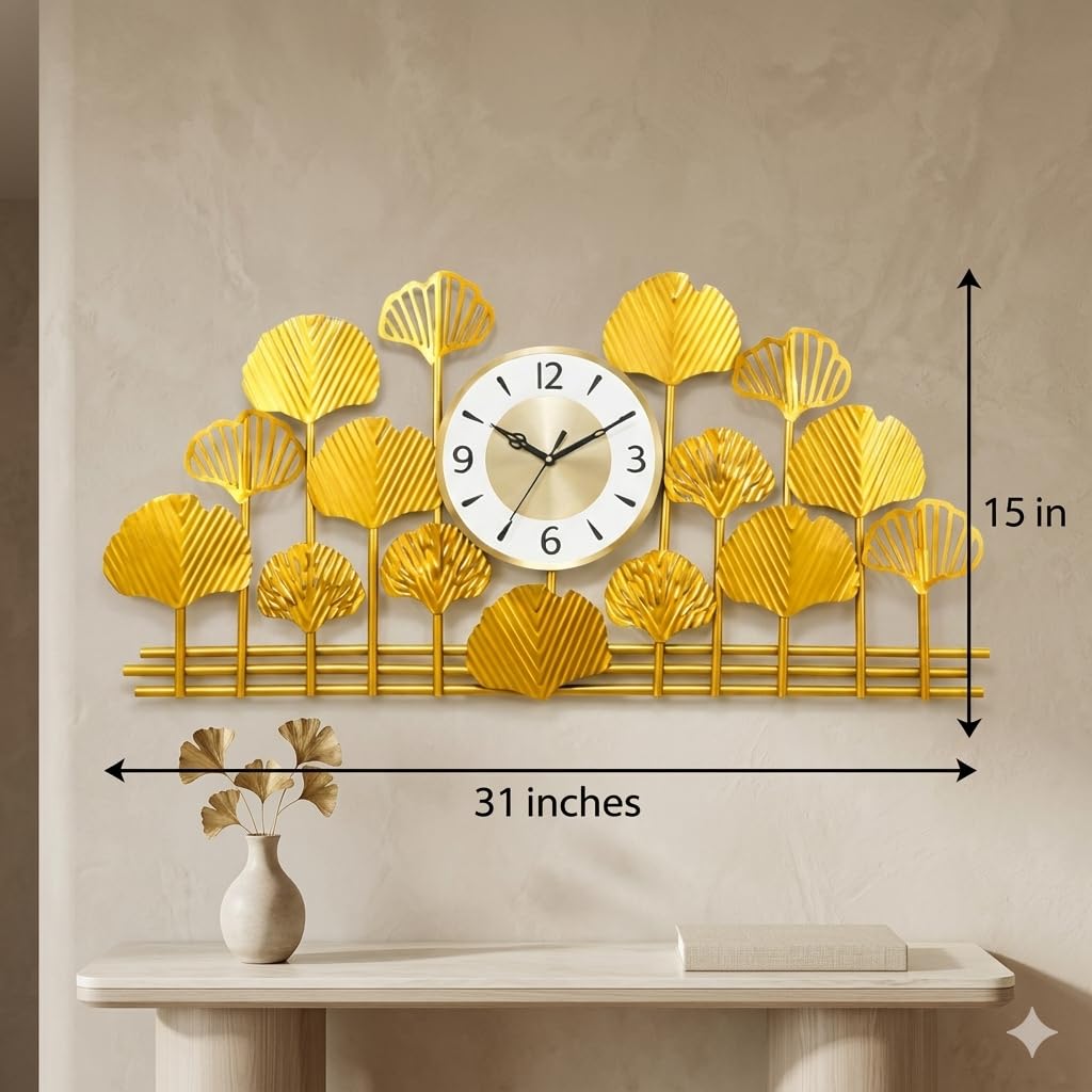 Mahira Artefacts Metal Wall Clock, Gold, Art Deco Style, Silent Analog, Ginkgo Leaf Design, Large, for Living Room, Bedroom, Office