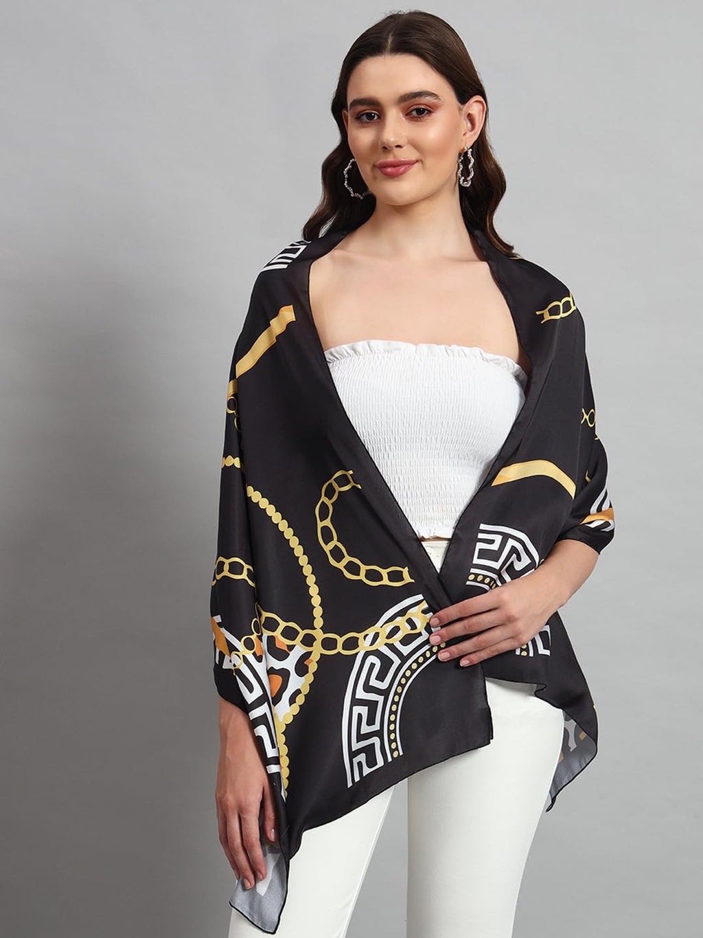 Ravaiyaa - Attitude is everything Women Lightweight Printed 100% Satin Silk Scarf Stoles Breathable Neckerchief Head Beach Wrap Scarves (Black Abstract, 70 x 20 Inch)