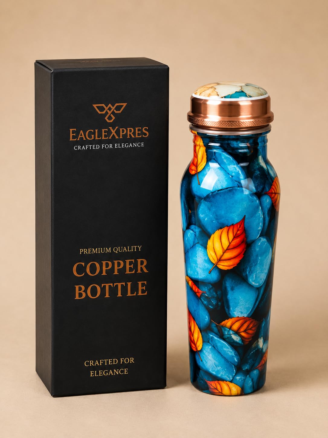 EAGLEXPRES Premium Copper Water Bottle 1 Litre Designer Printed Leakproof Copper Bottle for Drinking Water Ayurvedic Bottle for Home Office Travel Gym