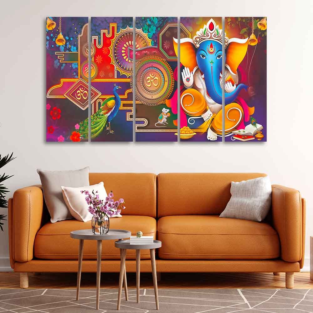 VIBECRAFTS Ganesha Canvas Wall Painting of Five Pieces For Home|Office|Living Room|Gift (PTVC5Pcs4_8674)