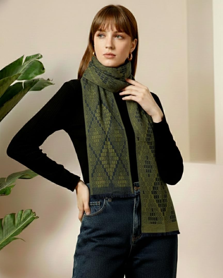 Ravaiyaa - Attitude is everything Women Woolen Ikat Design Casual Warm Winter Wear Muffler Scarf Stole 72x14 Inch (Green)