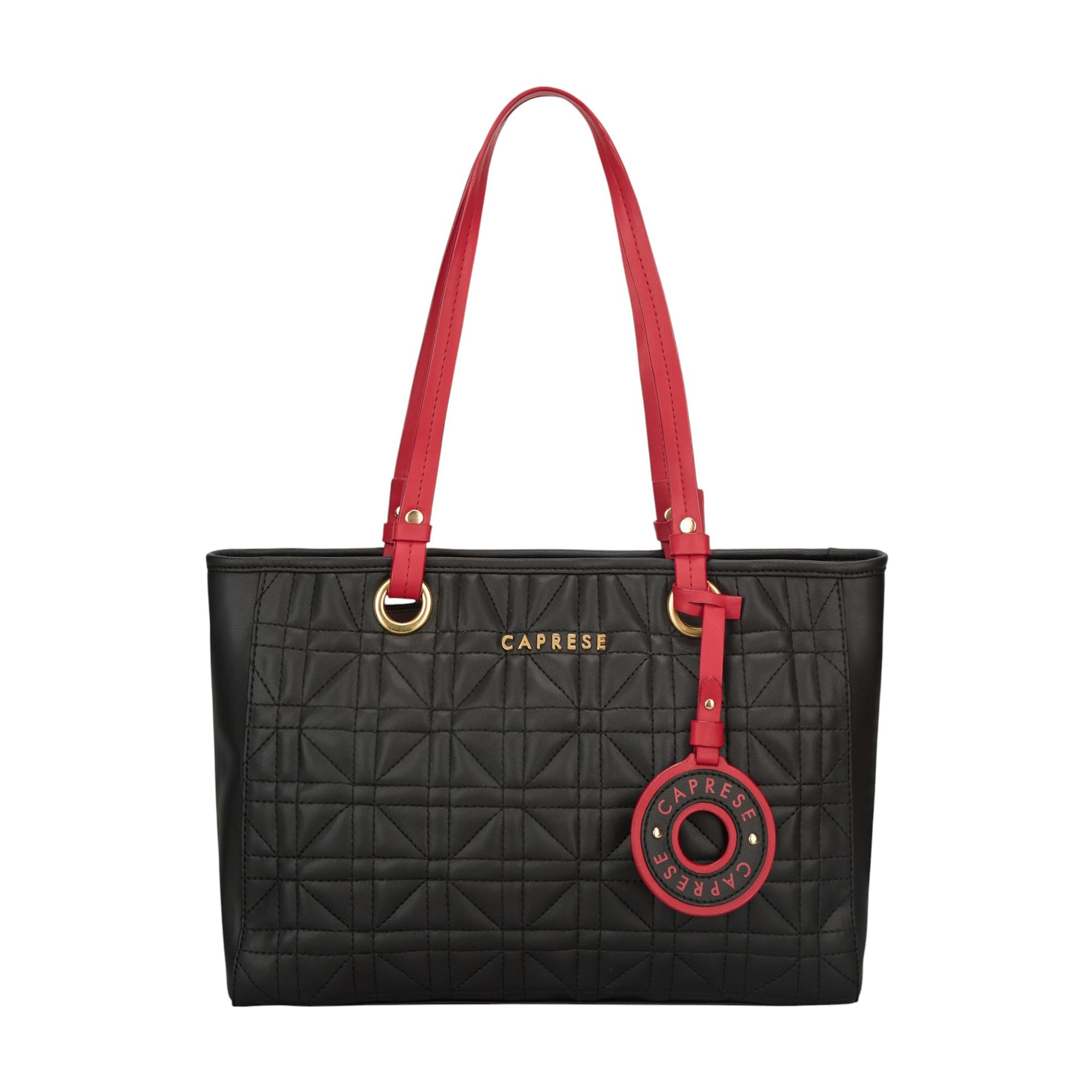 Caprese Aimee Medium Quilted Faux Leather Tote Bag for Women | Multi-Compartment Zippered Shoulder Handbag with Detachable Charm | Perfect for Work, Travel & Shopping (Black)