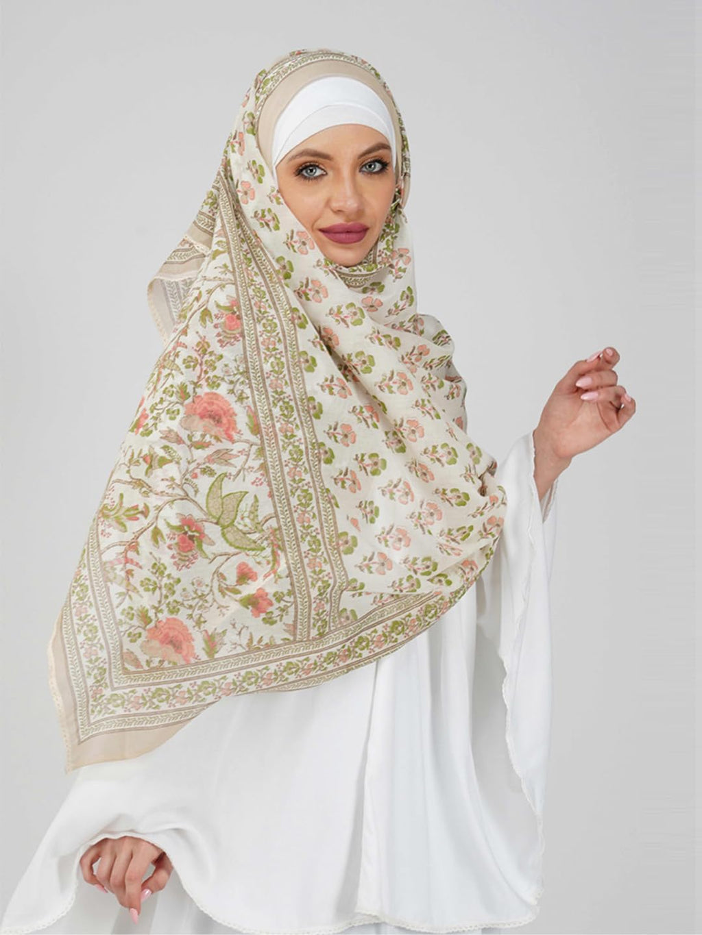 ANAApparels ANA Haniya Beige Periwinkle Floral Dupatta | 86 x 43 Inches – Premium Mulmul Cotton | Lace Border | Lightweight, Soft & Breathable