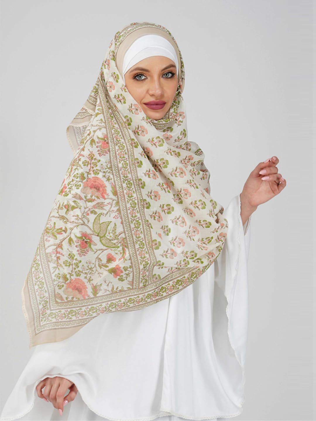 ANAApparels ANA Haniya Beige Periwinkle Floral Dupatta | 86 x 43 Inches – Premium Mulmul Cotton | Lace Border | Lightweight, Soft & Breathable