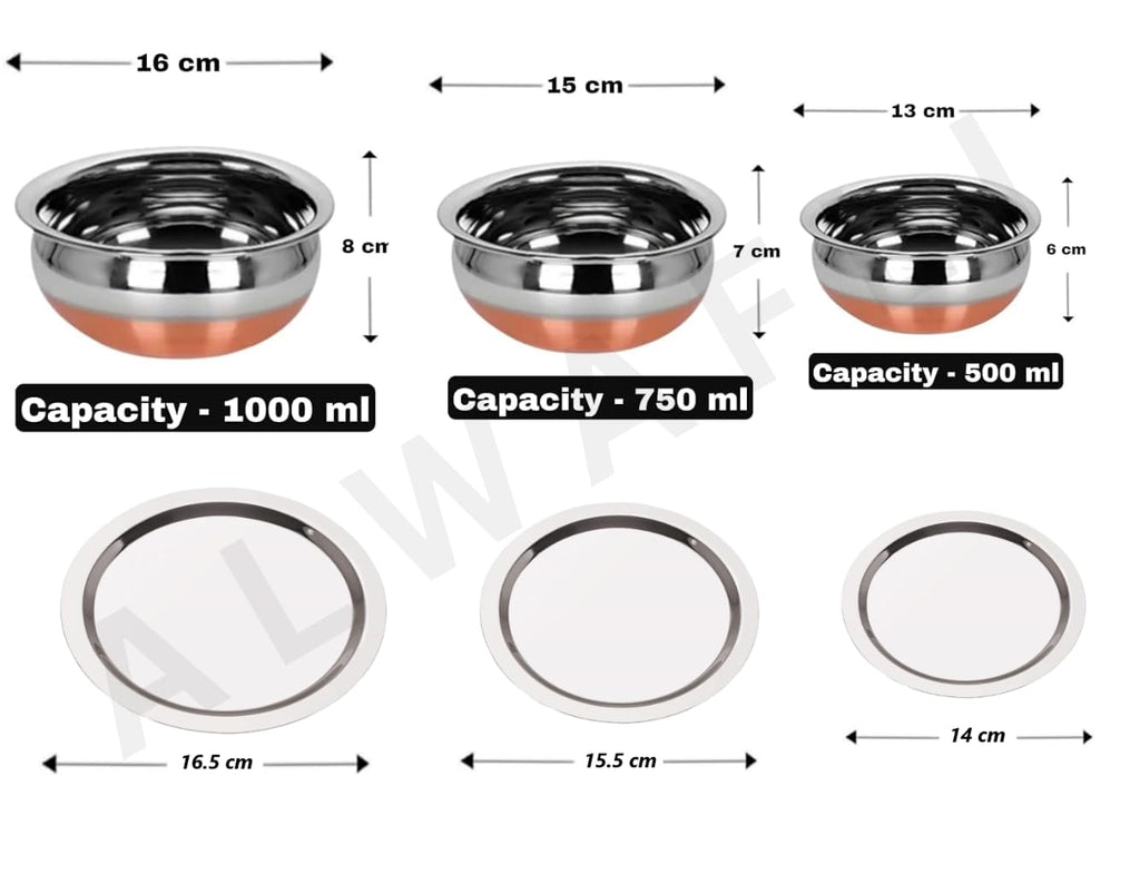 ALWAFLI 3 pcs Stainless Steel Copper Bottom Kitchen Serving, Cooking Bowl | Cook and Serve Inductiom & Gas Compatible Biryani Handi | Handi Set with Steel Lid (0.45 L, 0.75 L & 1 L) (3 pcs)