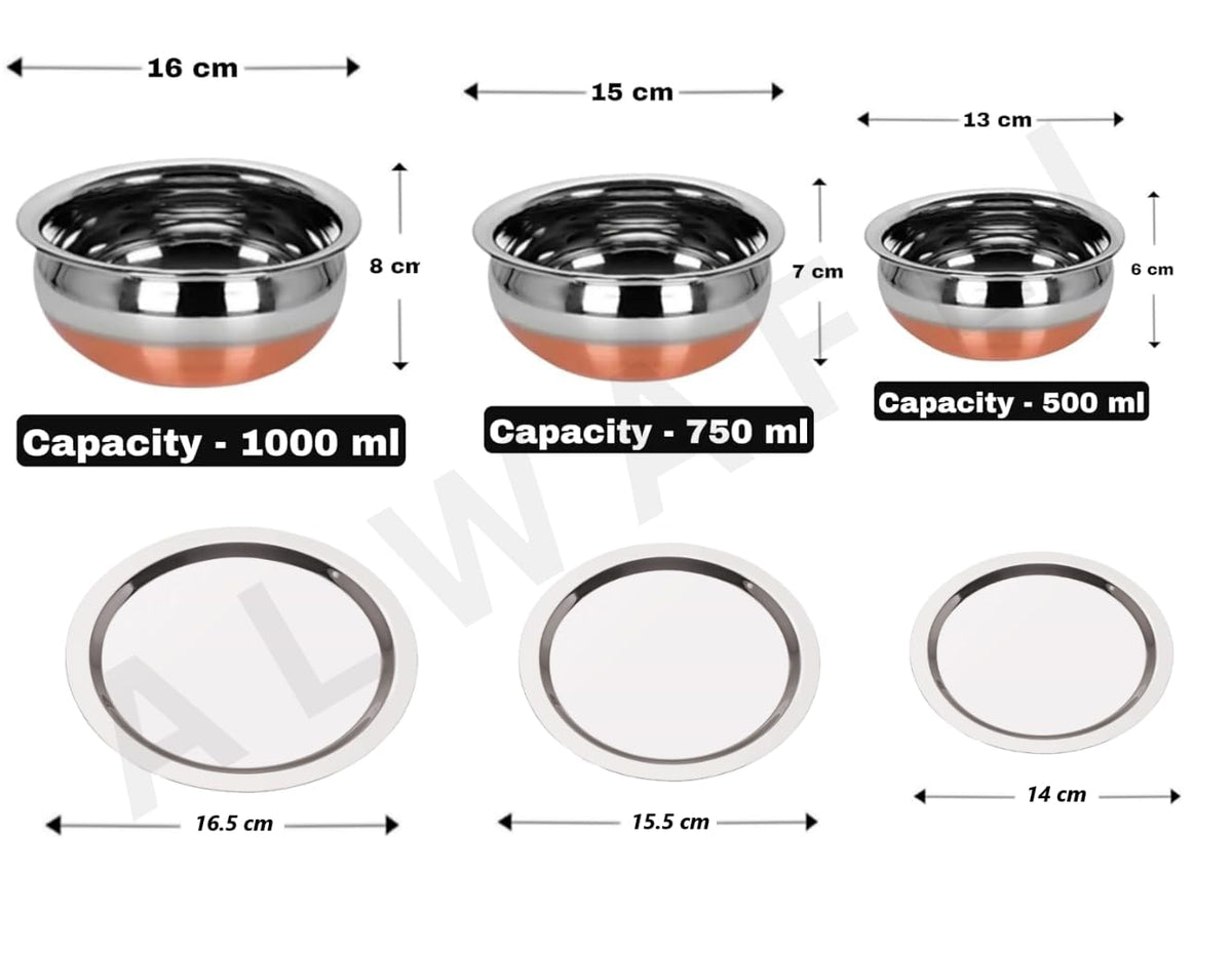 ALWAFLI 3 pcs Stainless Steel Copper Bottom Kitchen Serving, Cooking Bowl | Cook and Serve Inductiom & Gas Compatible Biryani Handi | Handi Set with Steel Lid (0.45 L, 0.75 L & 1 L) (3 pcs)