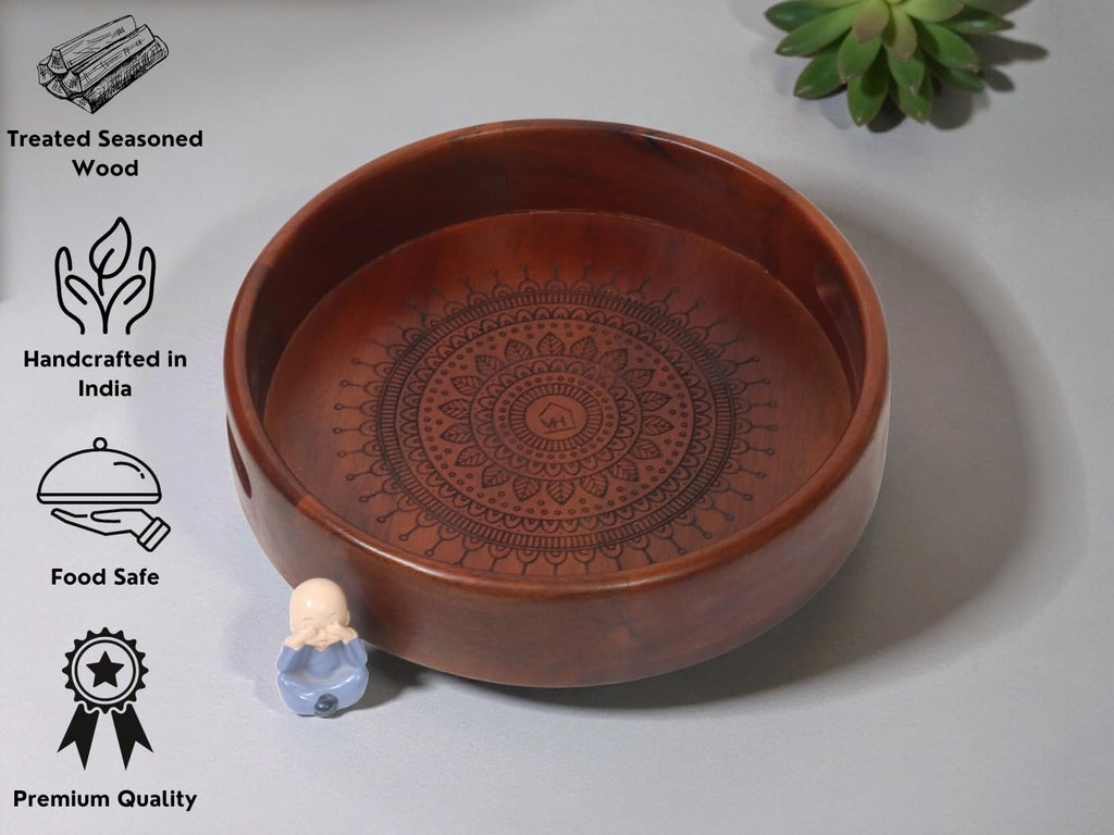 Vesta Homes Premium Wood Round Serving Tray for Home/Kitchen/Restaurant/Office Organizer/Dining Table | Premium Serving Trays | 30.5 x 30.5 x 5 cm | Handcrafted in India