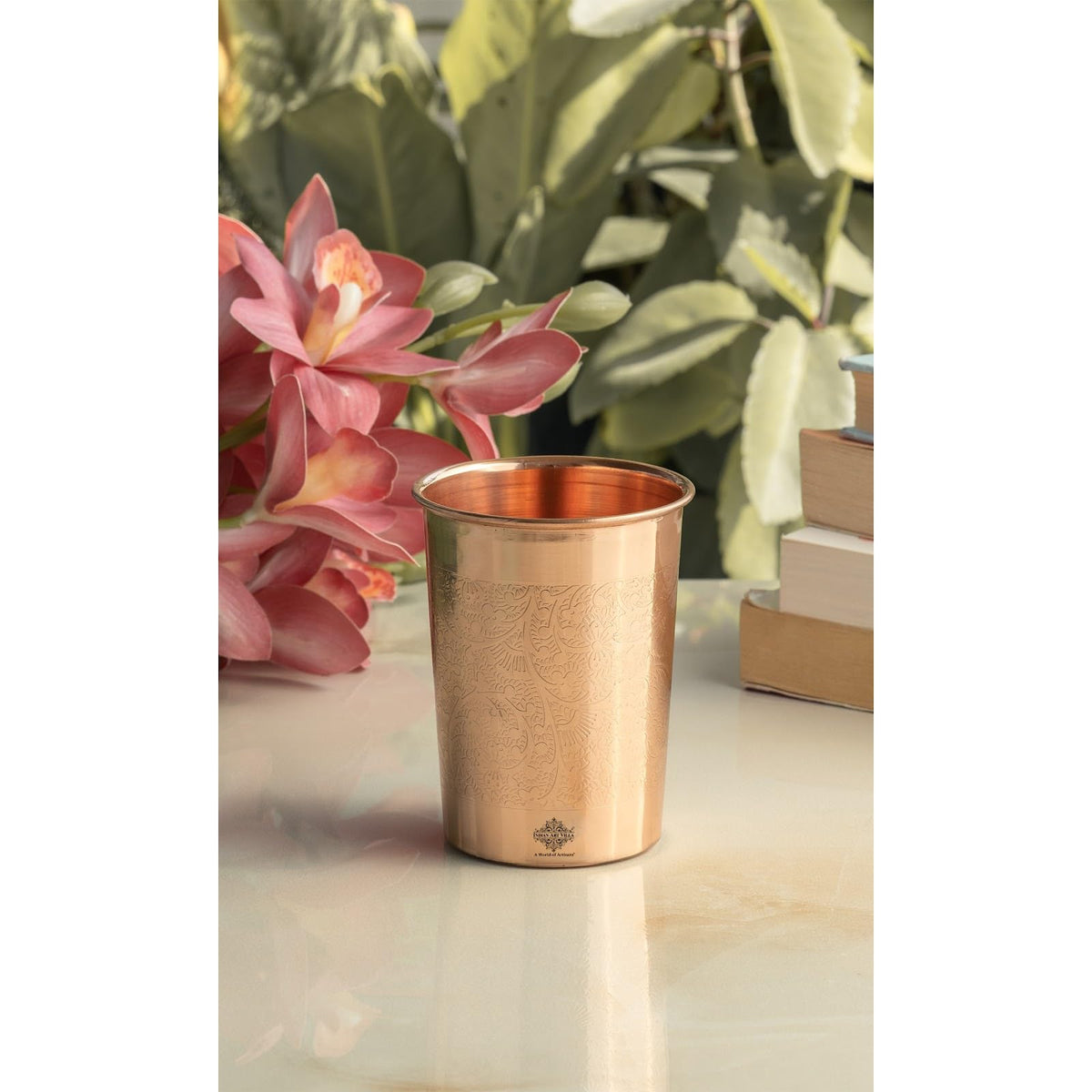 INDIAN ART VILLA Pure Copper Embossed Design Glass - 275 ML, Copper Tumbler for Water Drinking, Elegant Drinkware & Serveware, Perfect for Gifting, Home, and Festive Décor, Set of 1