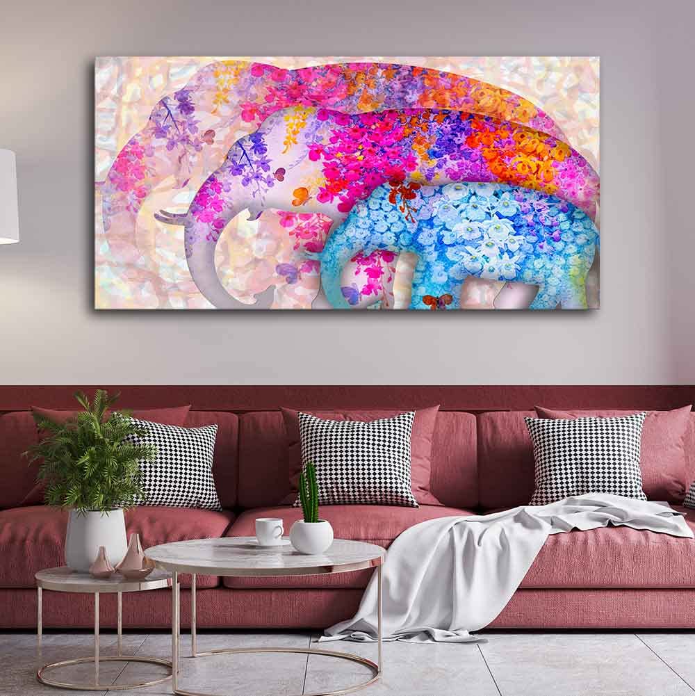 VIBECRAFTS Canvas Paintings for Living Room Drawing Room Three Abstract Art Elephants Canvas Wall Painting Fitted With Wooden Frame for Home | Office | Gift (PTVCH_2412N)