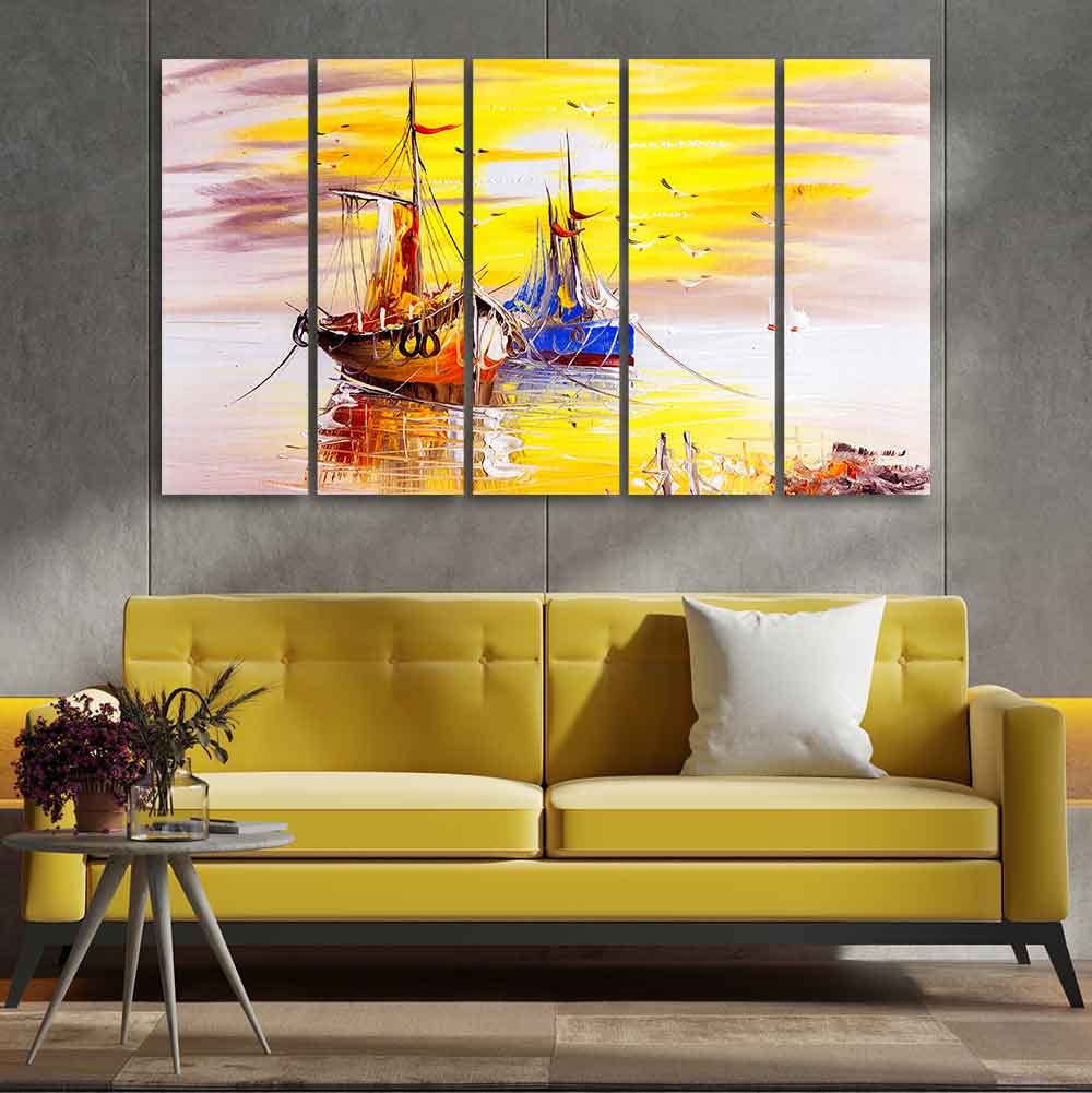 VIBECRAFTS Beautiful Scenery of Sailing Ship on the Ocean Five Pieces Wall Painting For Home|Office|Living Room|Gift (PTVC5Pcs4_8620)