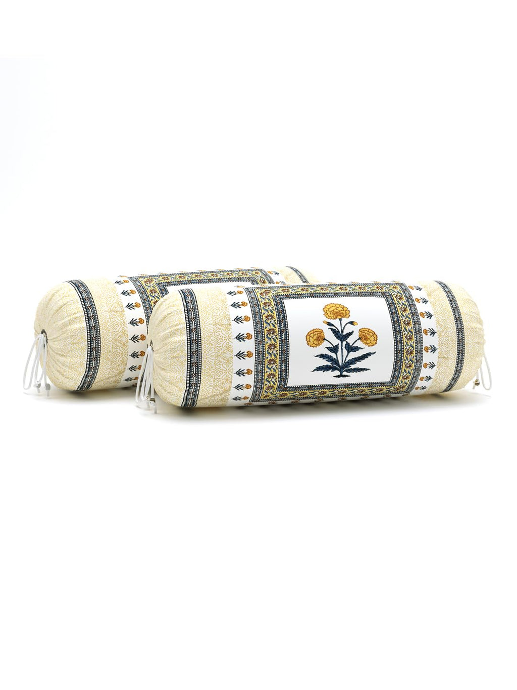 BLOCKS OF INDIA Cotton Hand Block Printed Bolster Cover | Booster Cover with Drawstring | Round Long Pillow Cover for Bed | Dewan Pillow Cover Set 16 X 32 | Set of 2 (Color 46)