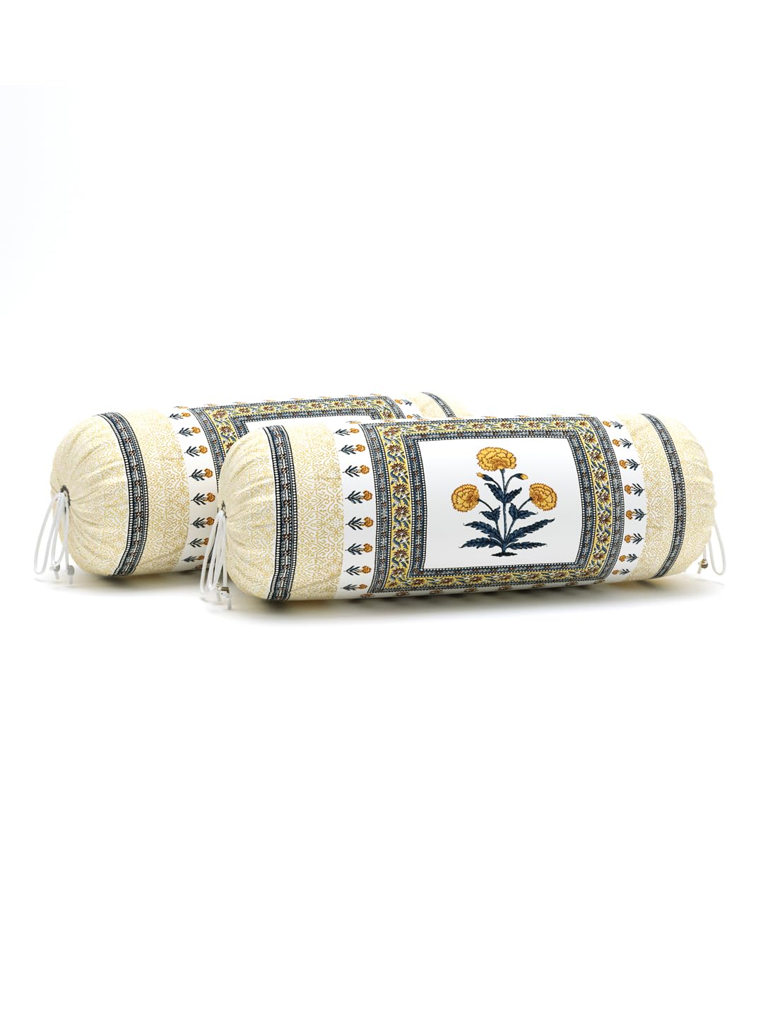 BLOCKS OF INDIA Cotton Hand Block Printed Bolster Cover | Booster Cover with Drawstring | Round Long Pillow Cover for Bed | Dewan Pillow Cover Set 16 X 32 | Set of 2 (Color 46)