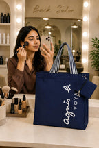 Navy Blue Tote Bag, 30x35x13 cm, with Detachable Zipper Pouch, Striped Handles, Spacious Everyday Shoulder Bag